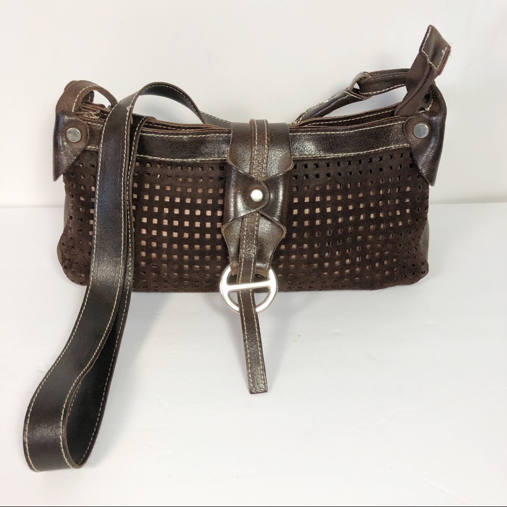 FERCHI shoulder or crossbody bag brown leather with suede detail bag.